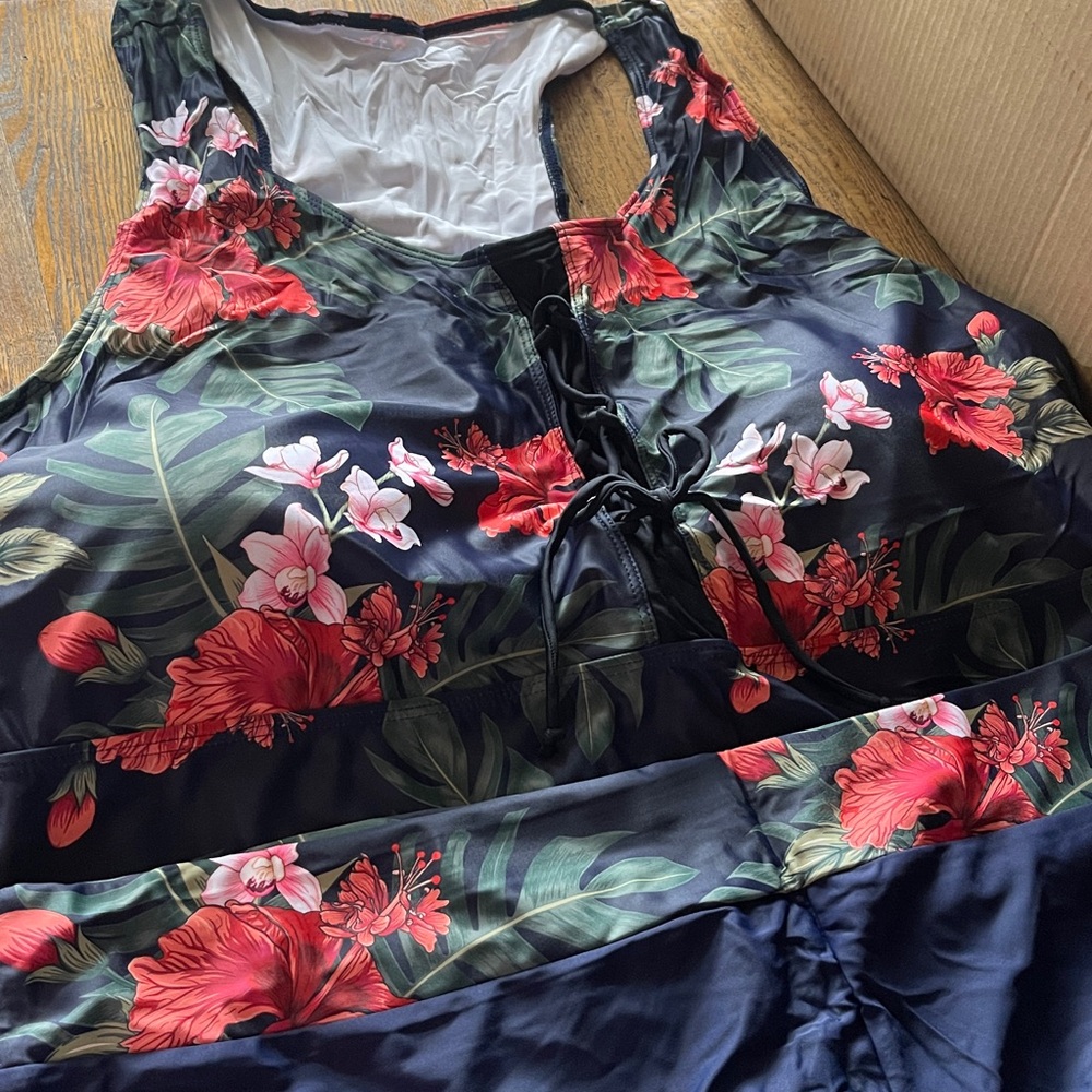 Lalagen Black Floral Lace-Up One-Piece Swimsuit with Red & Pink Blooms
